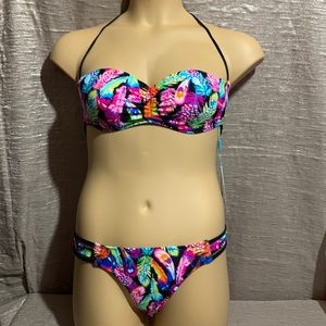 Bingo Bikini Swim Set Top Bottom Size L NWT Feathers Black Pink  Purple Blue